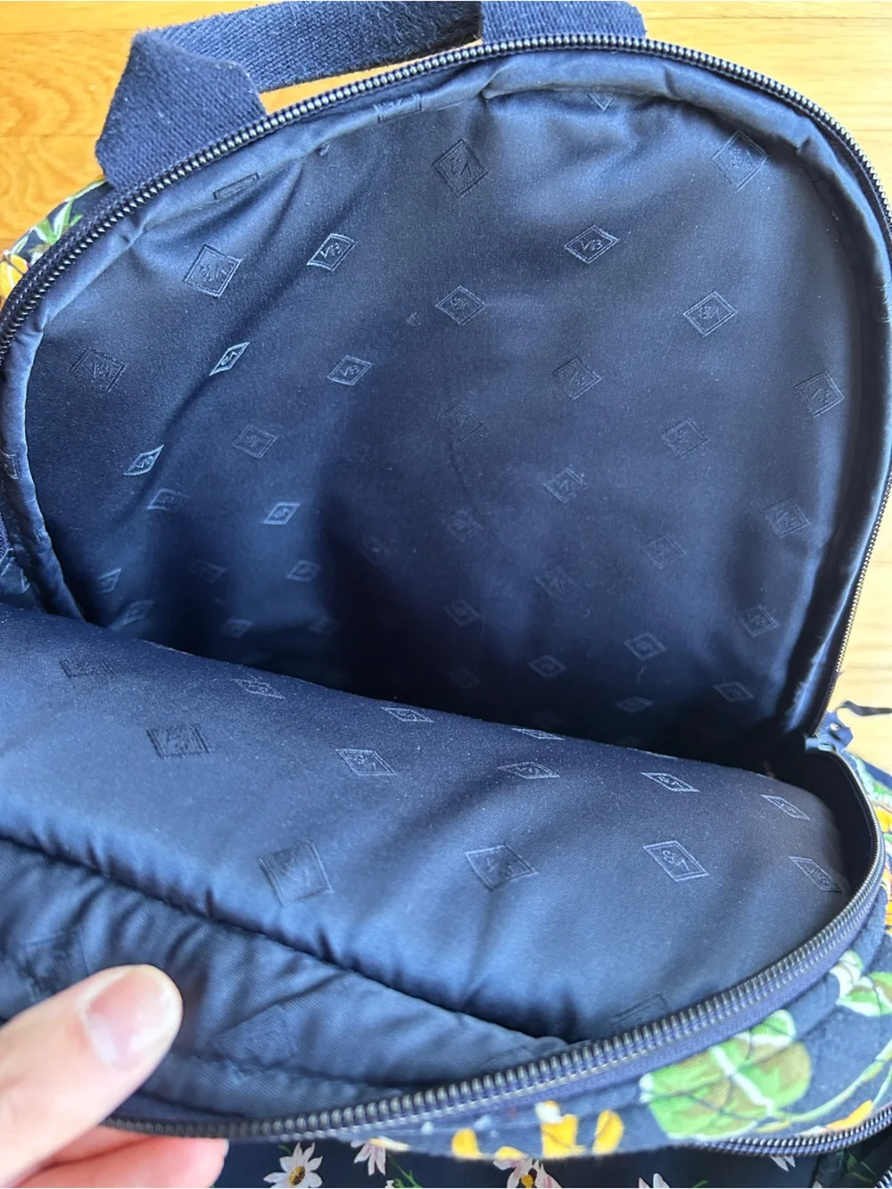 Vera Bradley Navy Quilted Campus Backpack with Yellow Sunflower Print